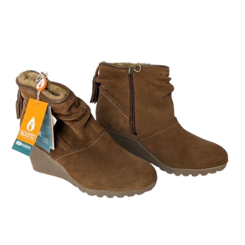 Sporto Tan Suede Leather Wind Waterproof Ankle Booties Wedge Heel Fur Lined 7.5